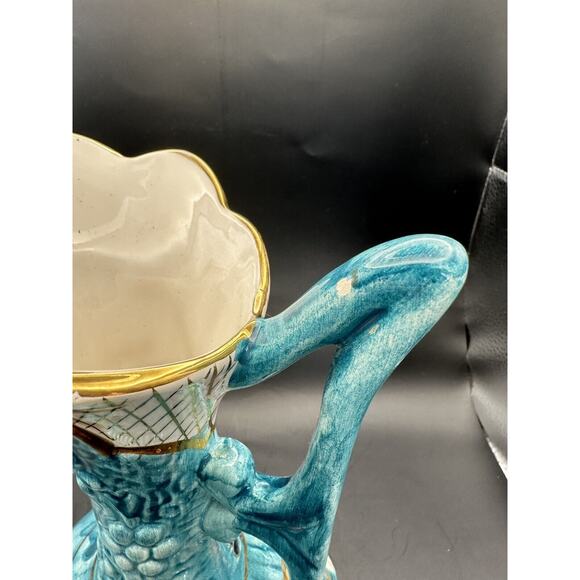 H Bequet Quaregnon Hand Painted Blue Gold Trim Pitcher Vase Belgium Anemone - Picture 7 of 10